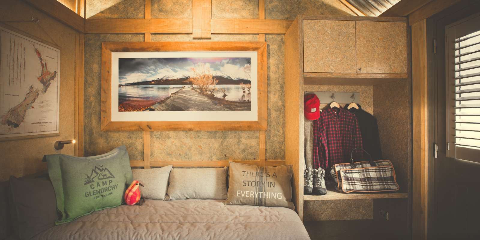 Camp Glenorchy Cabin Room Daybed Queenstown Cares initiative in Glenorchy, Camp Glenorchy cabin accommodation in the sustainable camp