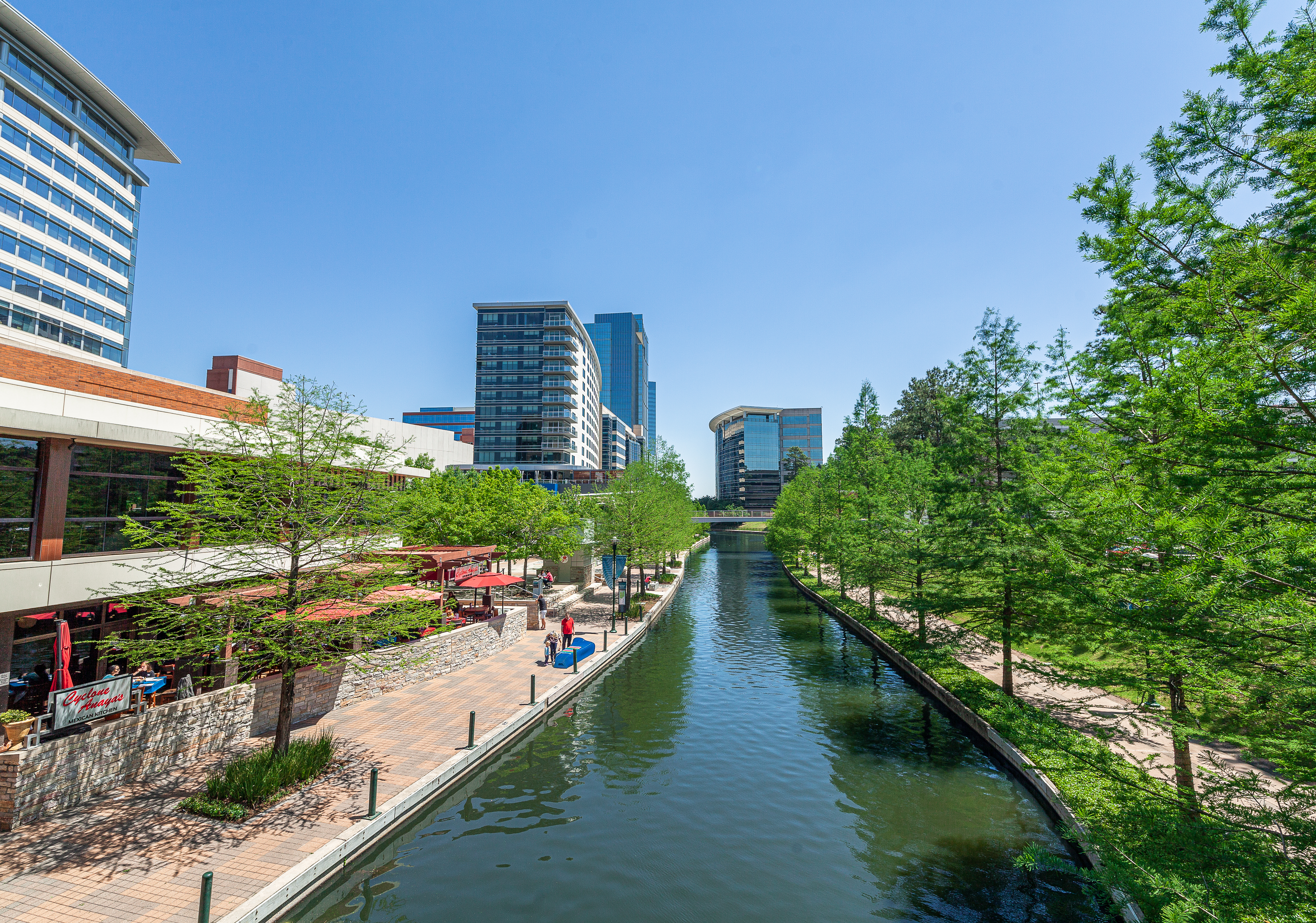 The Woodlands Waterway with restaurants and walking paths