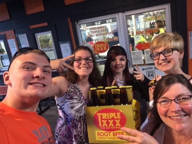 My kids had never been to triple XXX and it had been years since I had eaten there. Since the hubby couldn't make it for this adventure we bought a six pack of root beer to bring home for him. Probably the most interesting part of the visit to Triple XXX was the fact that there was a tornado warning, sirens started blaring and we were all shipped out of the restaurant across the parking lot to a large storage closet that they have in their office building. I guess you could say we got a 45 minute " back stage" tour of Triple XXX!