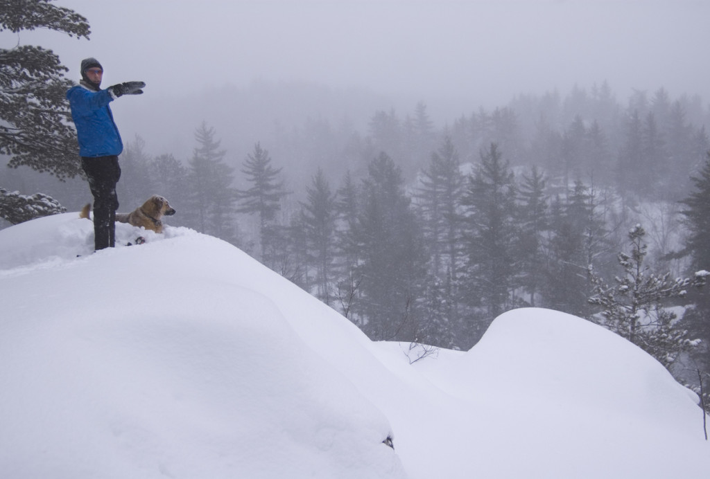 A snowshoer and his dog look out from a ridge deep in the woods north of Ishpeming, Michigan.