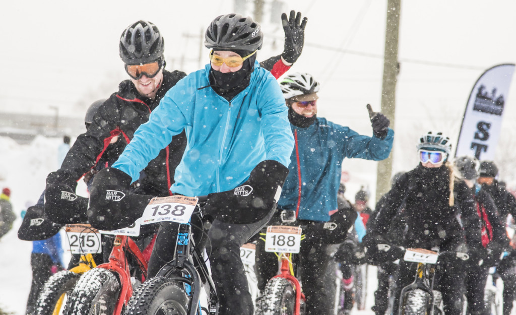 Start of the 906 Polar Roll winter fat bike race in Marquette, Michigan.