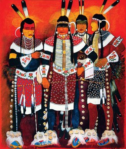 Imagine seeing a painting like this on your wall – this one is available. “Dancers (The Red Star Brothers)” by Kevin Red Star (Photo Credit: Kitty Leaken)