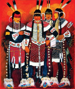 Imagine seeing a painting like this on your wall – this one is available. “Dancers (The Red Star Brothers)” by Kevin Red Star (Photo Credit: Kitty Leaken) 