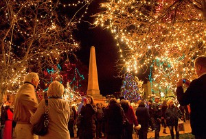 holiday, plaza, santa fe, new mexico, lights, christmas, new year, festive, people, gathering, winter