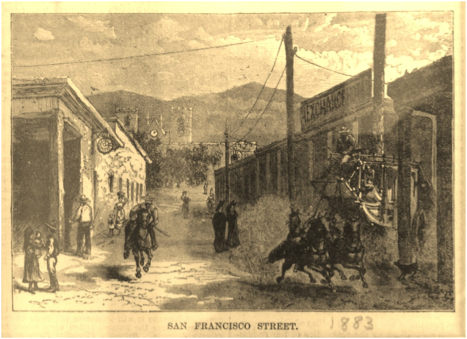 An 1883 engraving from Harper’s Weekly shows off Santa Fe’s mountain setting.