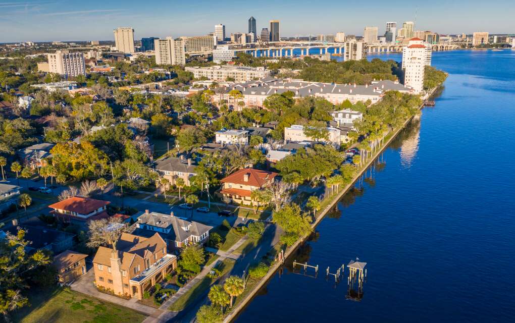 An aerial view shows part of the Riverside Avondale Preservation near downtown Jacksonville.