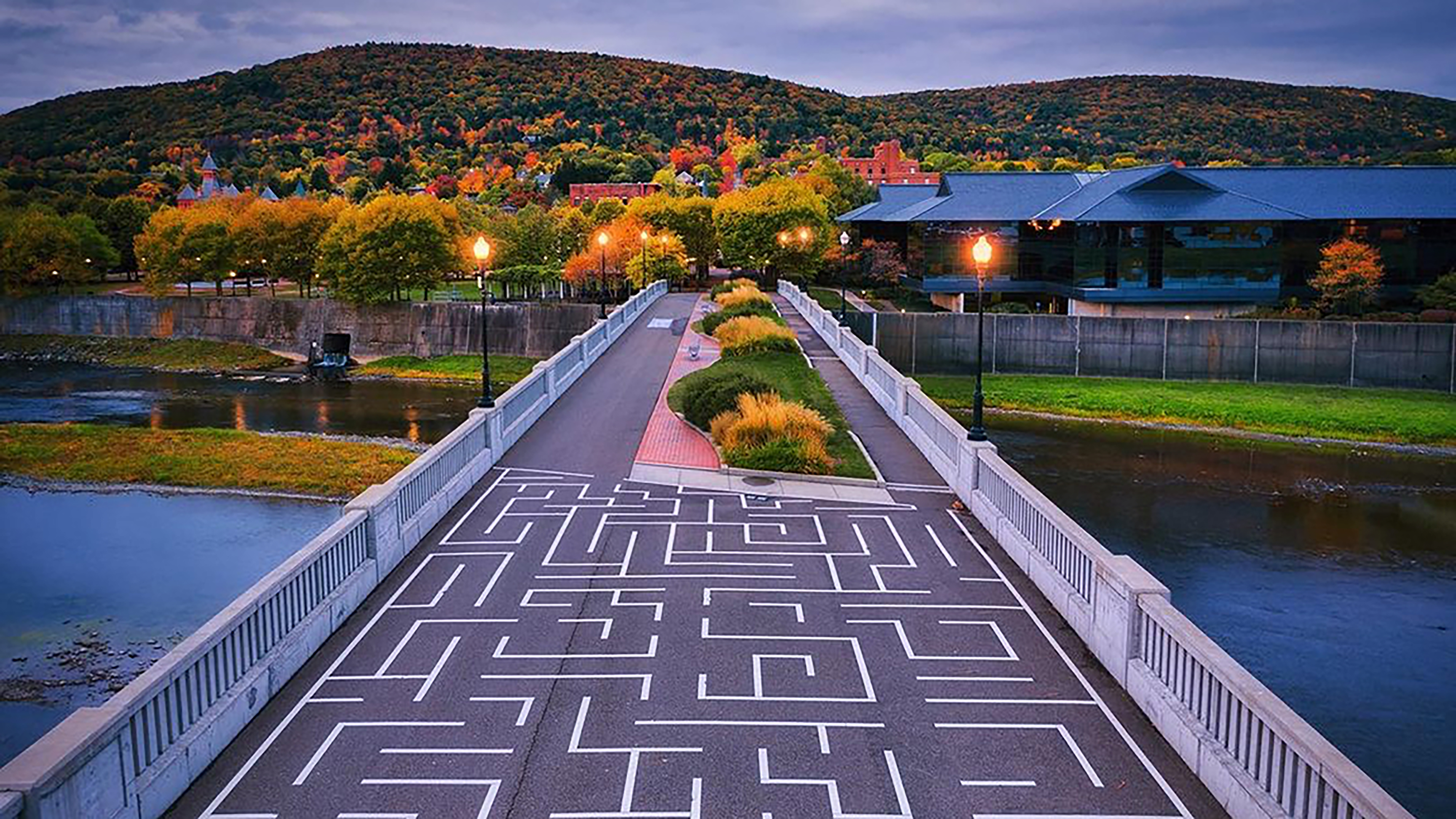 Corning New York — the Centerway pedestrian bridge and Gaffer District downtown