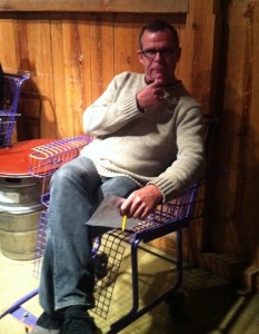 Dad in shopping cart chair at Flat 12