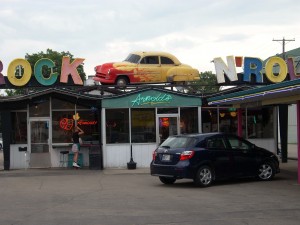 The customized 1952 Chevy on top of Arnold's makes a retro feel for the past.