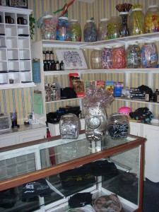 Old-fashioned candies behind front counter.