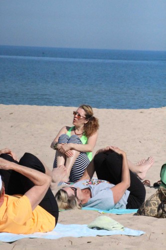 Mary Chandler of Bleu Lotus leads yoga at Indiana Dunes State Park.