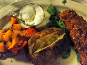 Two entree option: Coho Salmon with a mango peach salsa and their signature walnut breaded Walleye with honey orange butter sauce. 