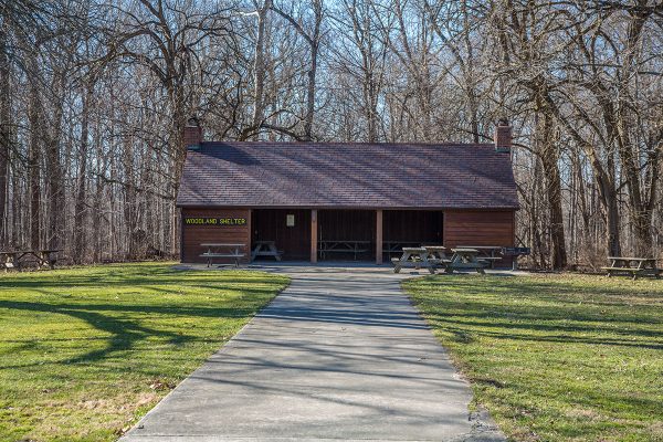 The Woodland Shelter, one of several at Mounds State Park.