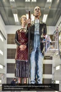 This 25-foot-tall bronze sculpture will be on display from late May 2017 to mid-October 2017 in downtown Elkhart. It is sculptor Seward Johnson's interpretation of Grant Wood's painting American Gothic.