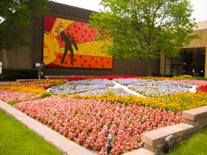 Visitors to Concord Town Center & Mall in Elkhart can see a Quilt Garden (foreground) and Quilt Mural.