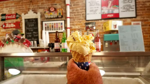 Image of hand dipped ice cream in a waffle cone at the Martinsville Candy Kitchen. 