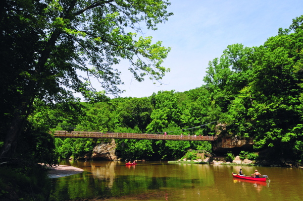 canoes under the bridge at Turkey Run State Park