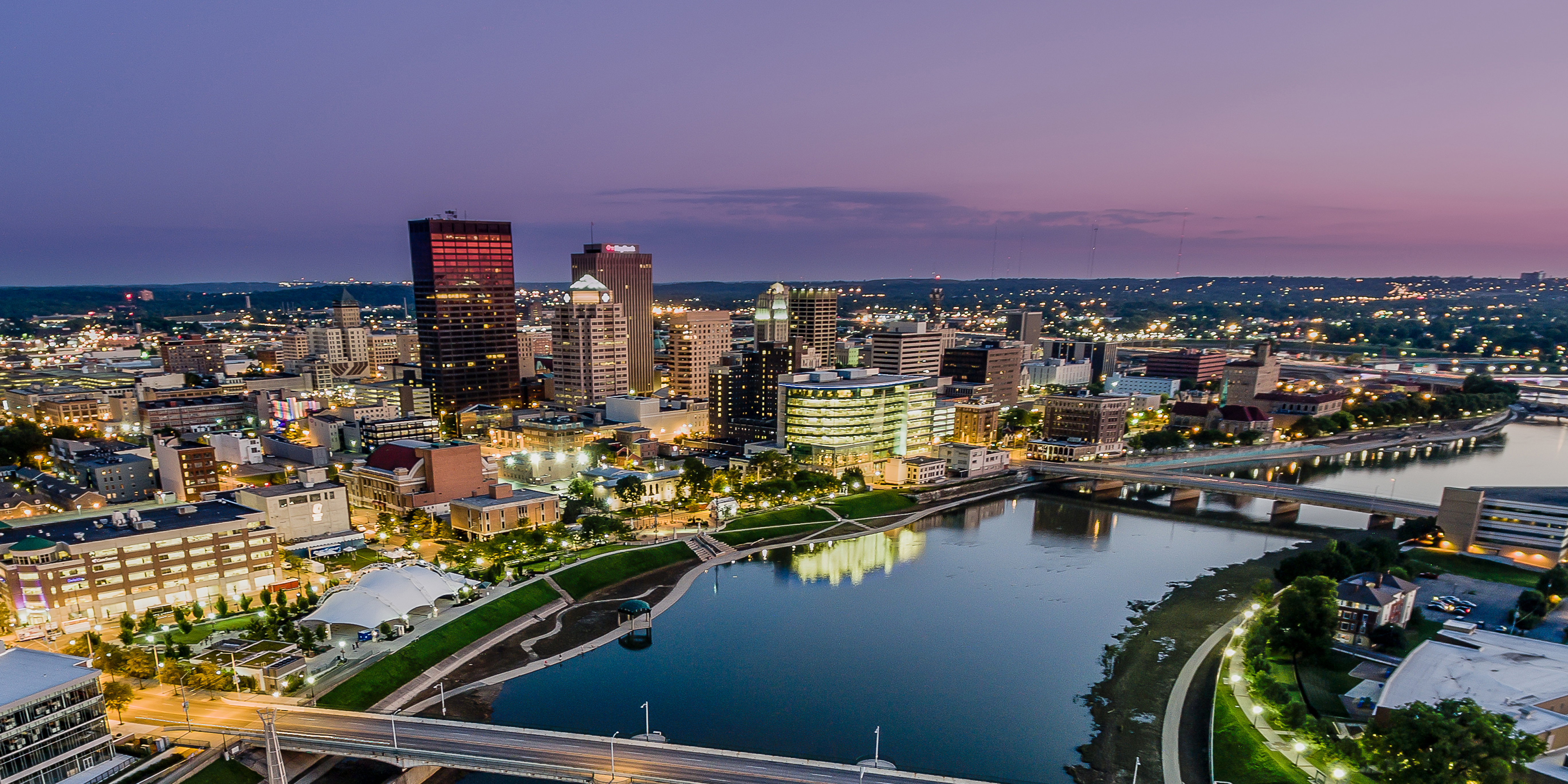 Dayton Ohio — downtown skyline at the confluence of the Great Miami River