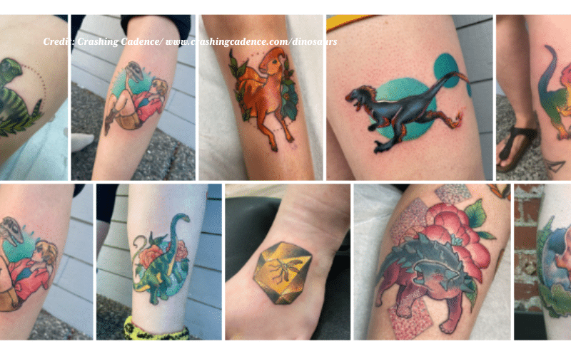 A photo collage showing a grid of two rows of colourful, detailed illustrative tattoos done by Kara Dee Harrison of Crashing Cadence. The collection prominently features cute, colourful, and fun dinosaur designs, including a Pterodactyl, a Velociraptor, a Triceratops, and a Longneck, alongside other pop-culture references.</p>
<p>Photo credit: Crashing Cadence/www.crashingcadence.com/dinosaurs