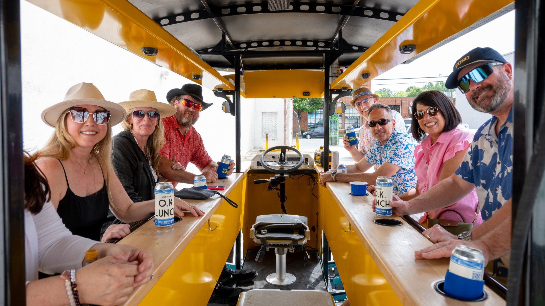 group of people on trolley pub