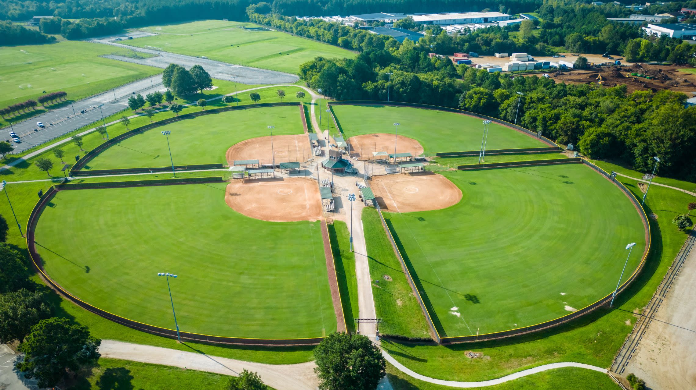 aerial view of four baseball fields