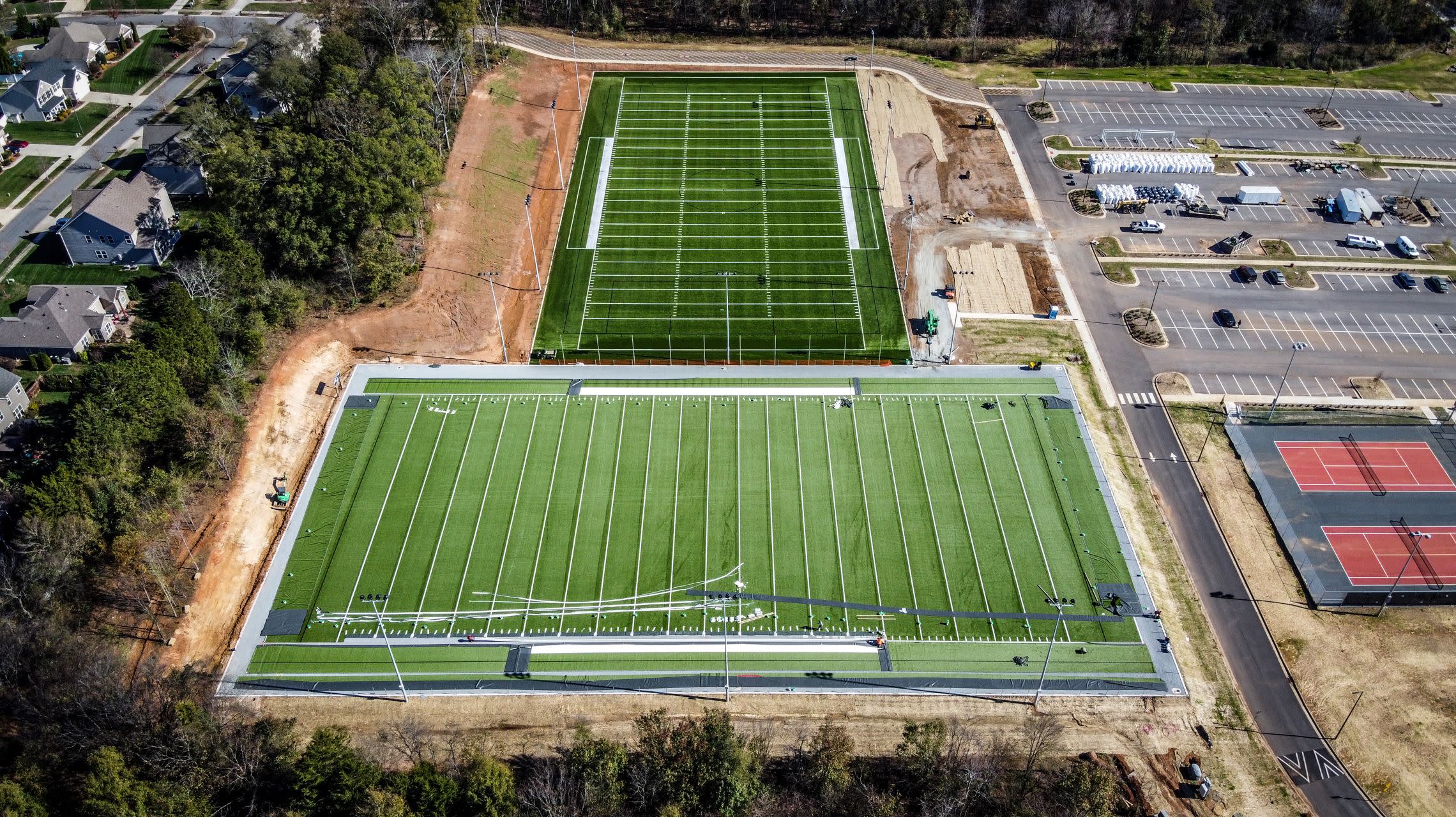 aerial view of two turf fields