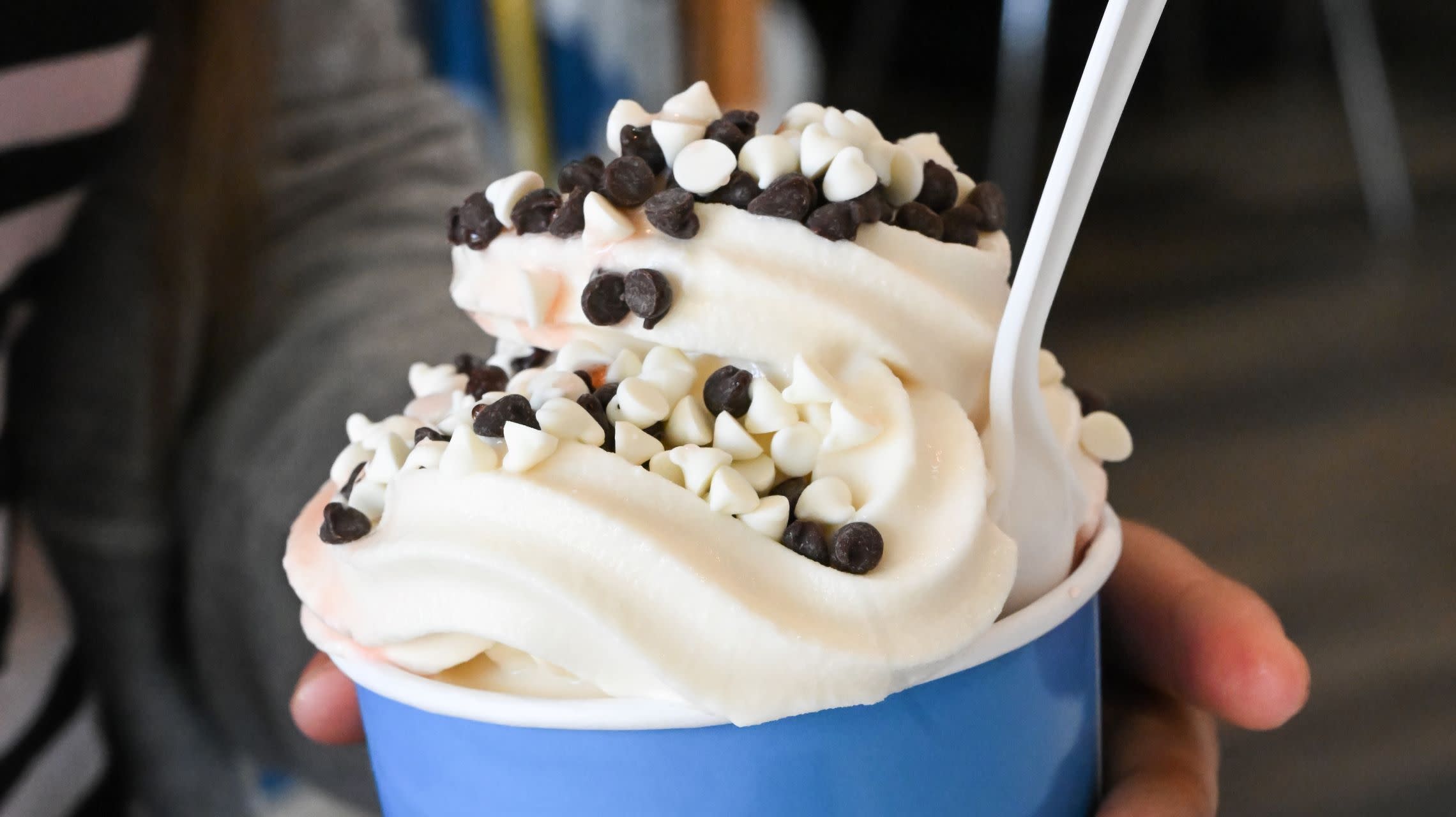 girl holding a cup of frozen yogurt