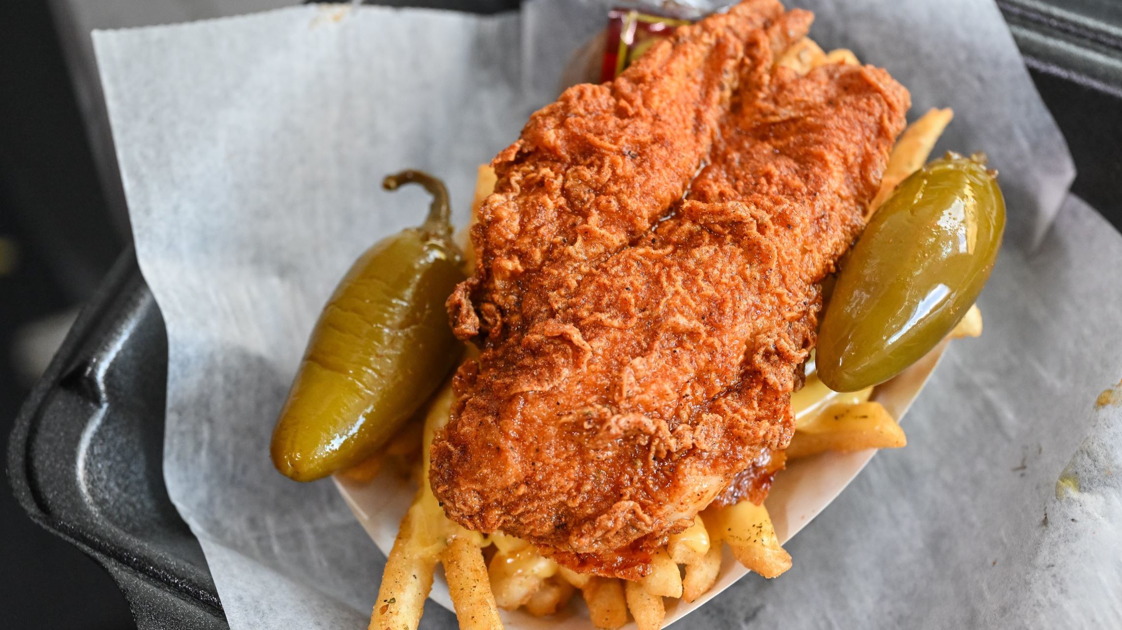 spicy chicken, fires and roasted peppers
