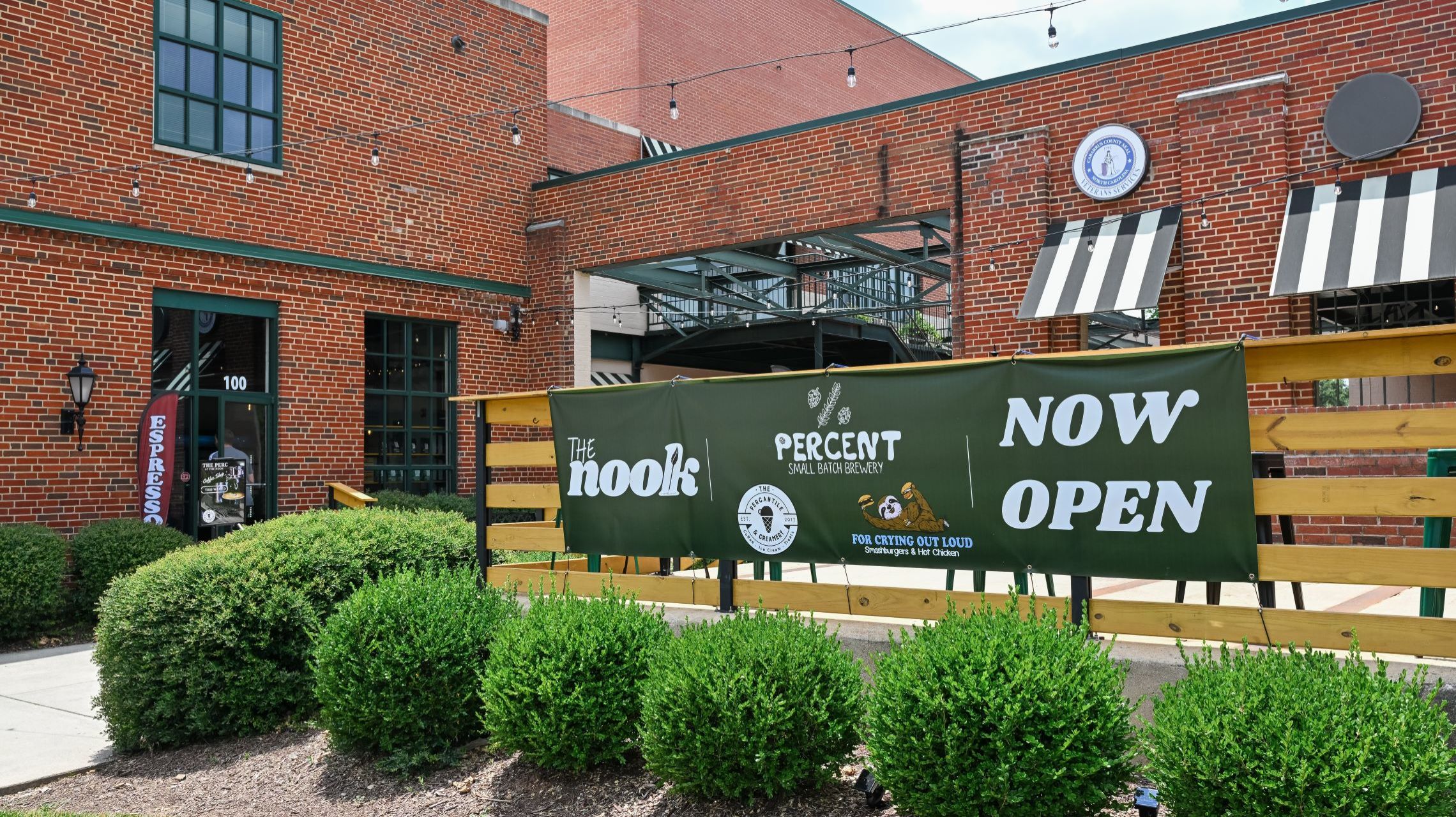 restaurant patio with banner