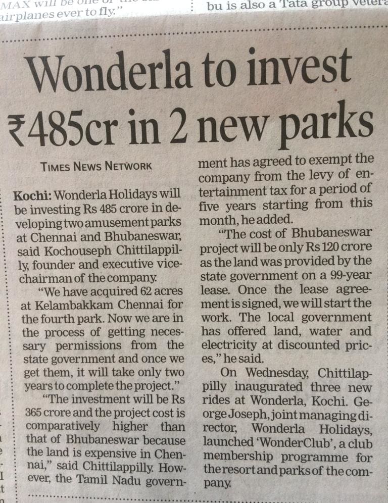 Times news network newspaper article of wonderla investment