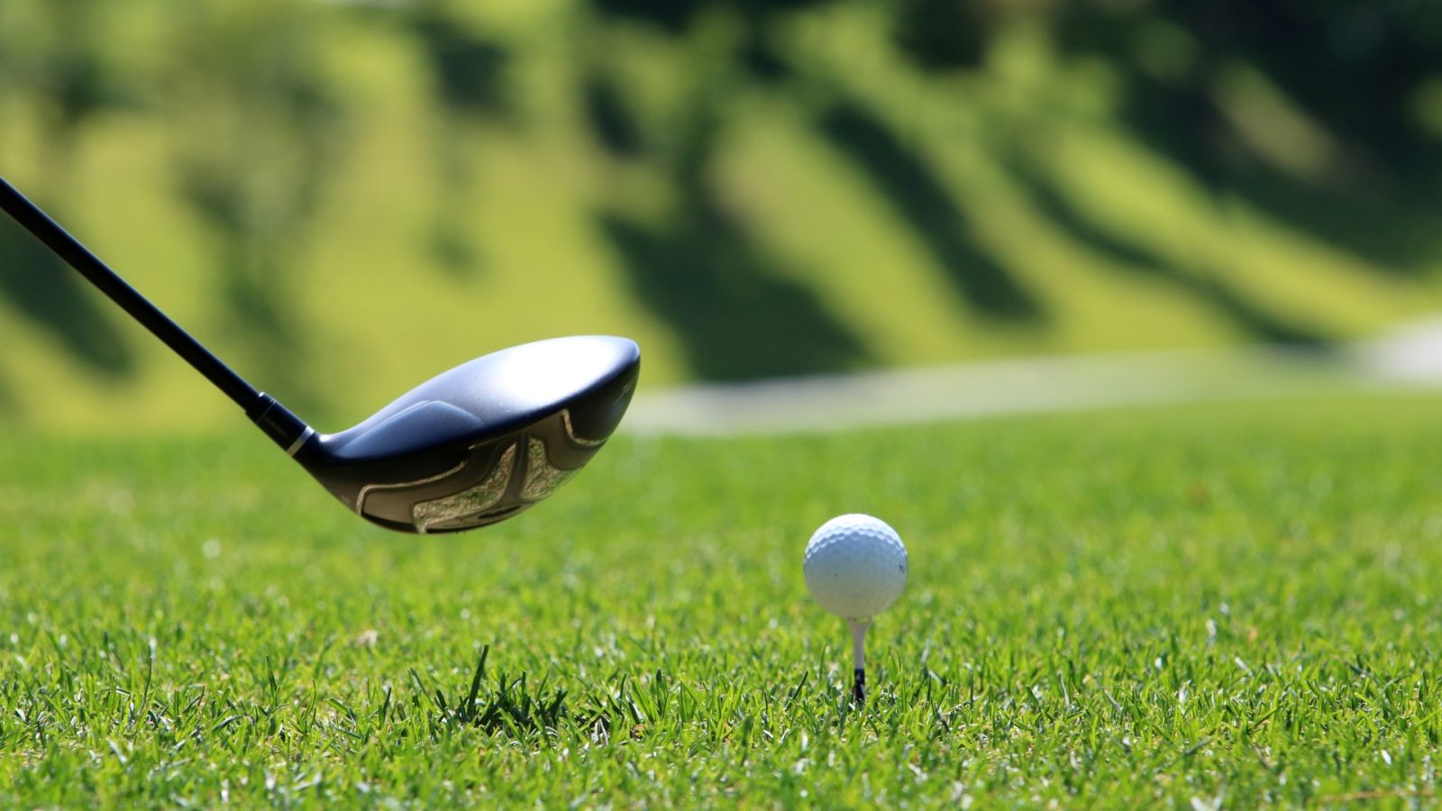 A close up shot of a gold club and a golf ball kept on a tee on the manicured grass - Rhythm Gurugram