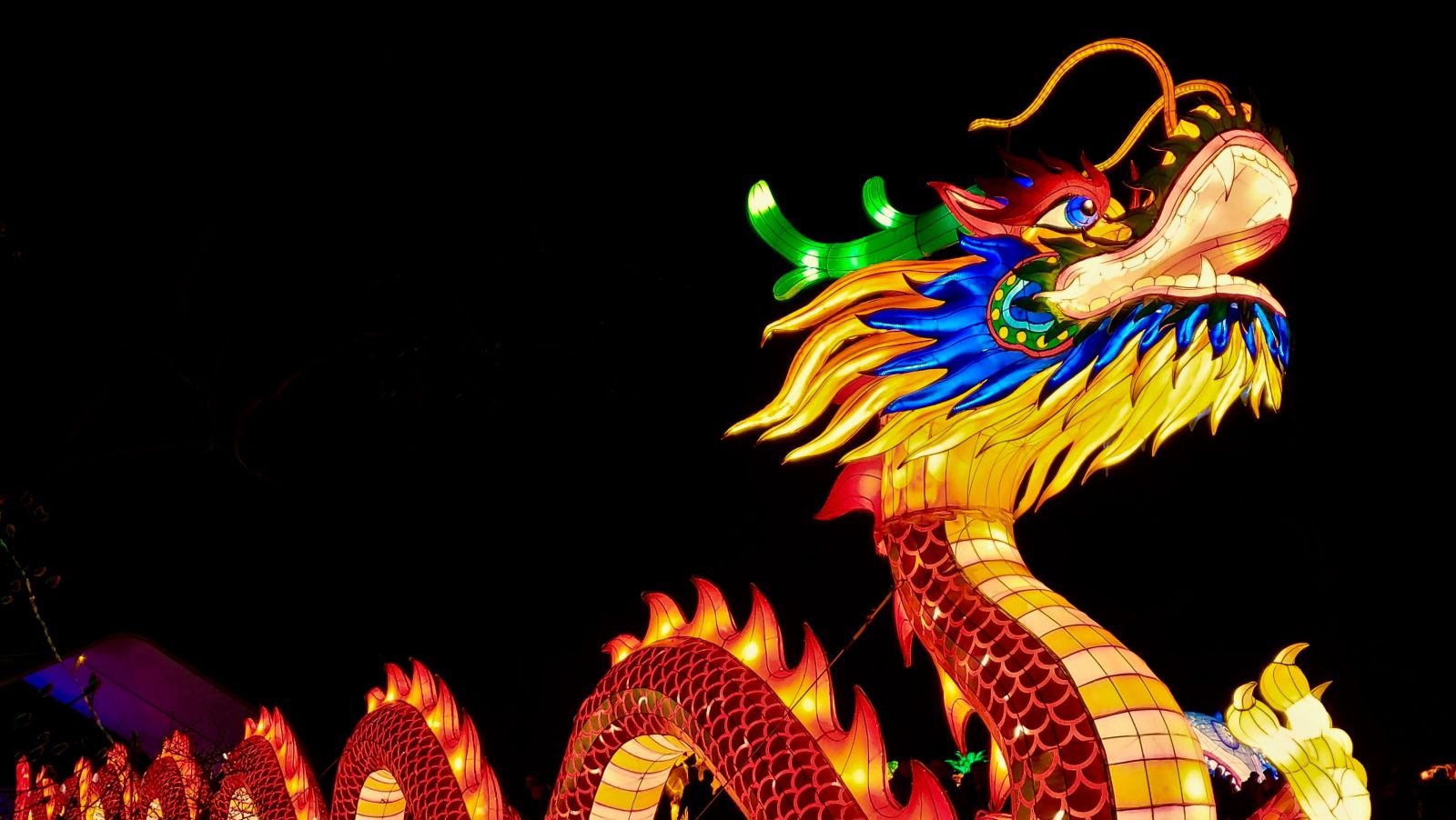 a statue of a colourful dragon with lights