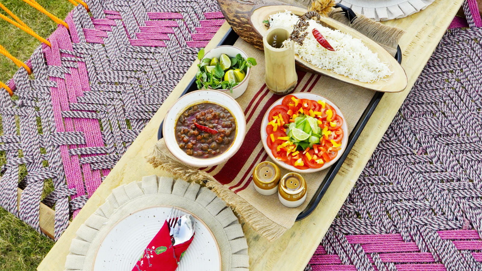 food on the bed which is on the grass - Kothli Hills, Rishikesh