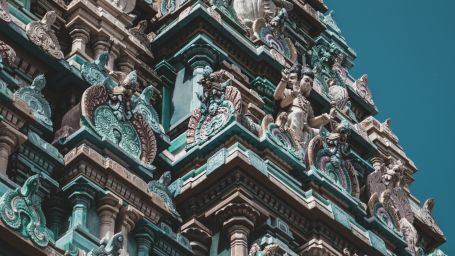 Exterior view of the hindu temple with stone craving.