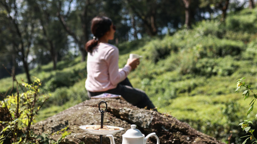 a woman sitting on the cliff of a rock facing green tea gardens with a plate and kettle behind - The Lamrin Norwood Green, Palampur