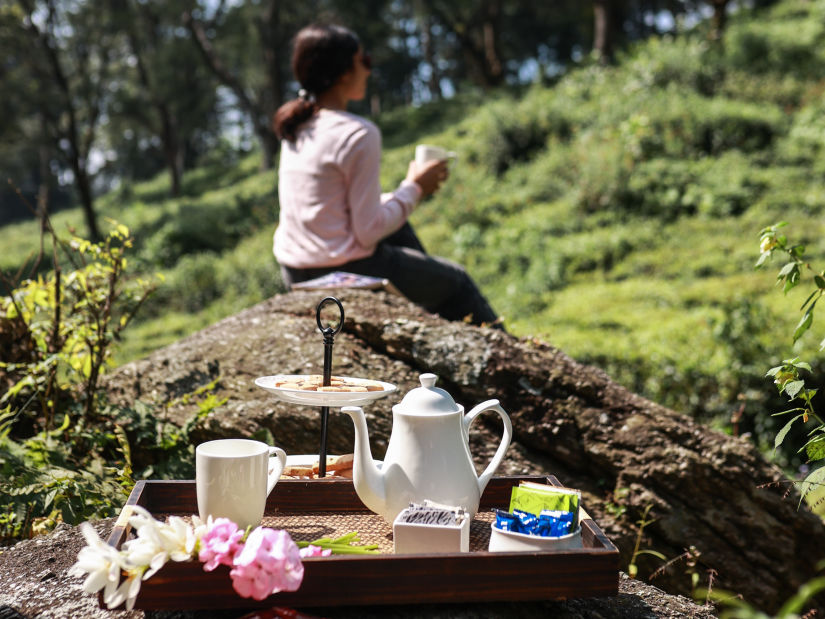 a woman sitting on the cliff of a rock facing green tea gardens with a plate and kettle behind - The Lamrin Norwood Green, Palampur