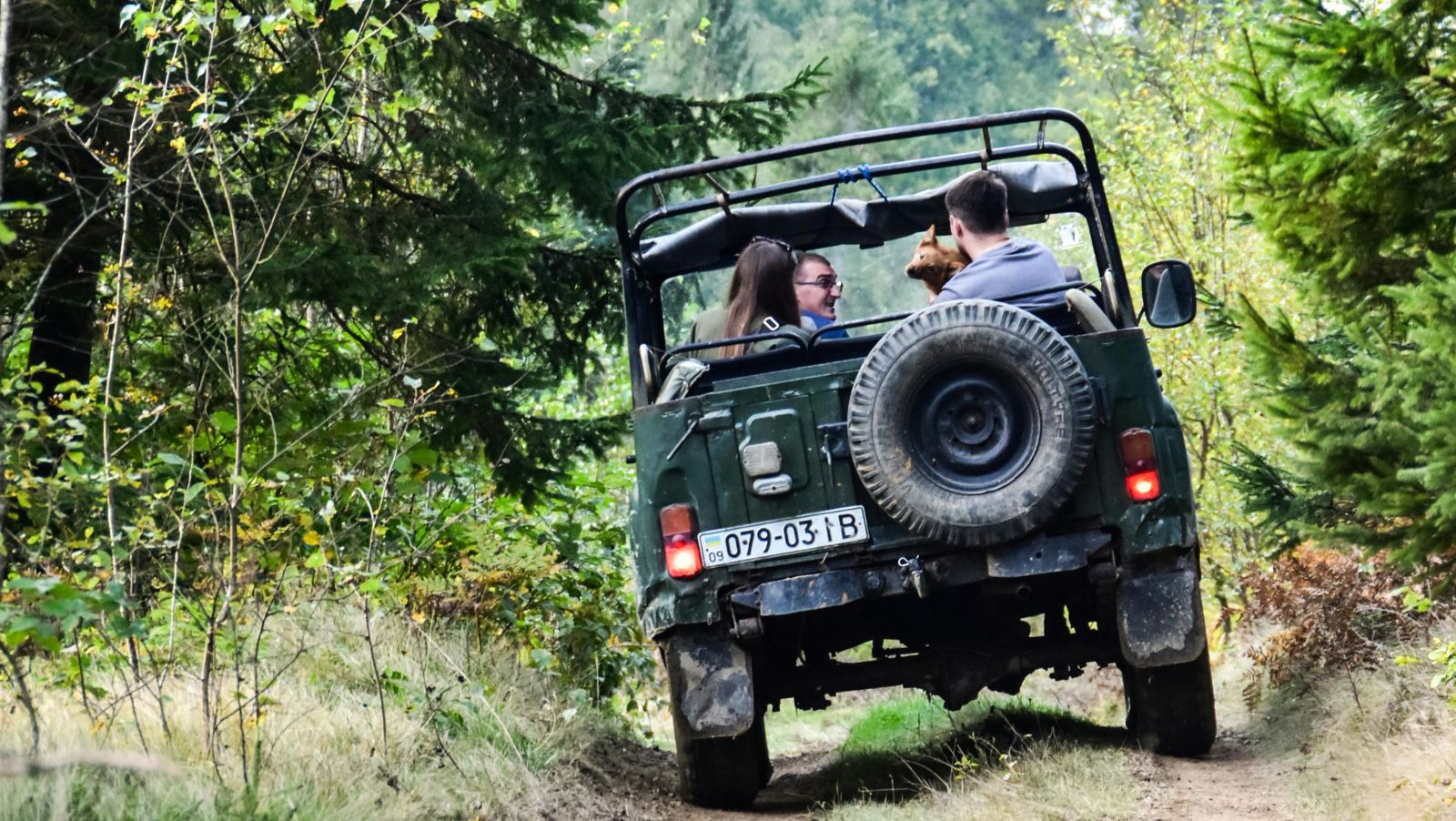 image of a safari jeep with passengers in it going though a trail in a rain forest for a safari adventure