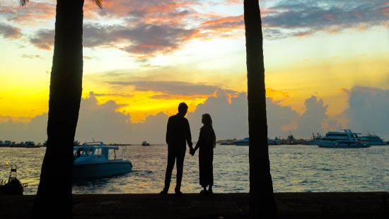 silhouette of a couple holding hands on a beach at sunset