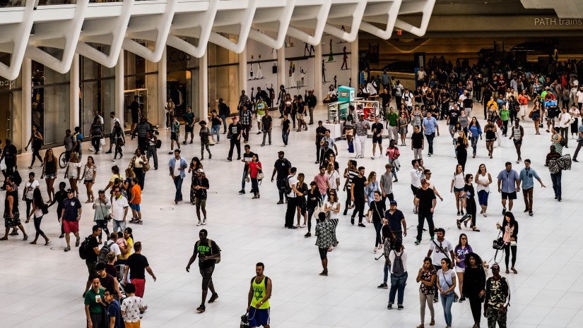 Crowd walking at a convention centre