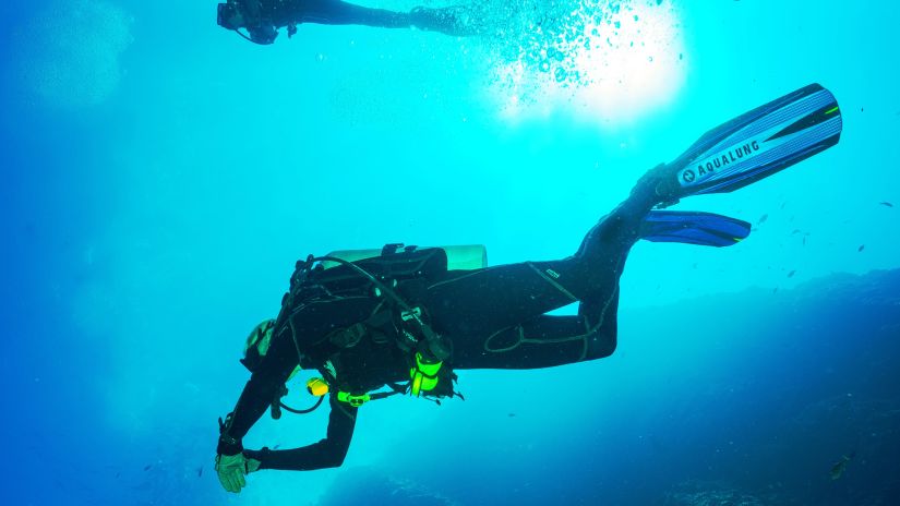 divers exploring the water with the sun's rays shining down through the water