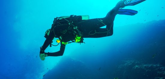 alt-text divers exploring the water with the sun's rays shining down through the water