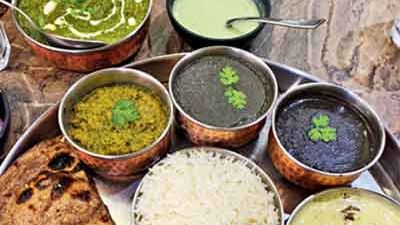 A top view angle of the Uttarkhandi thali with dealicious meal.