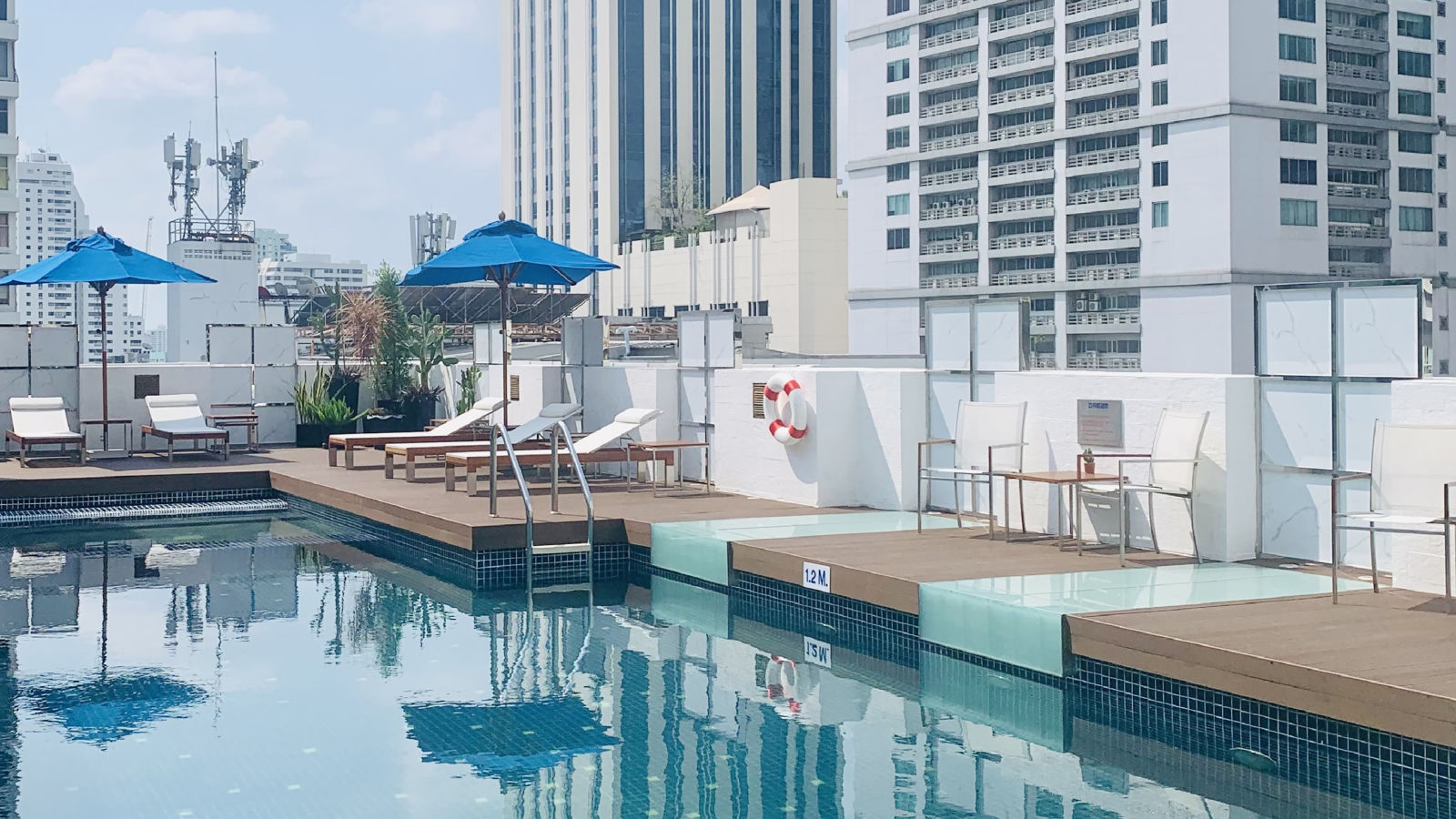 Rooftop swimming pool area during daytime