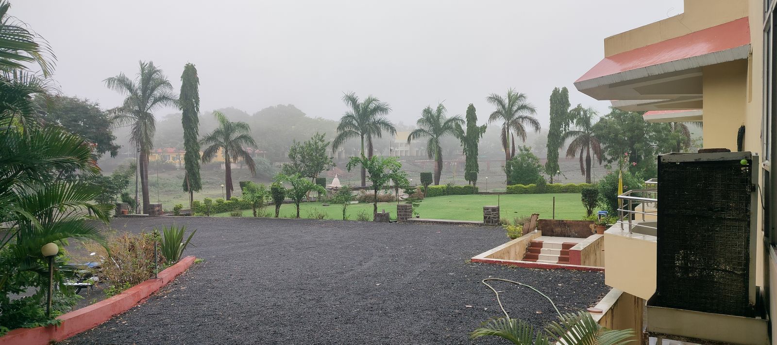 A misty view from a building looking out over a lush green landscape with tropical trees