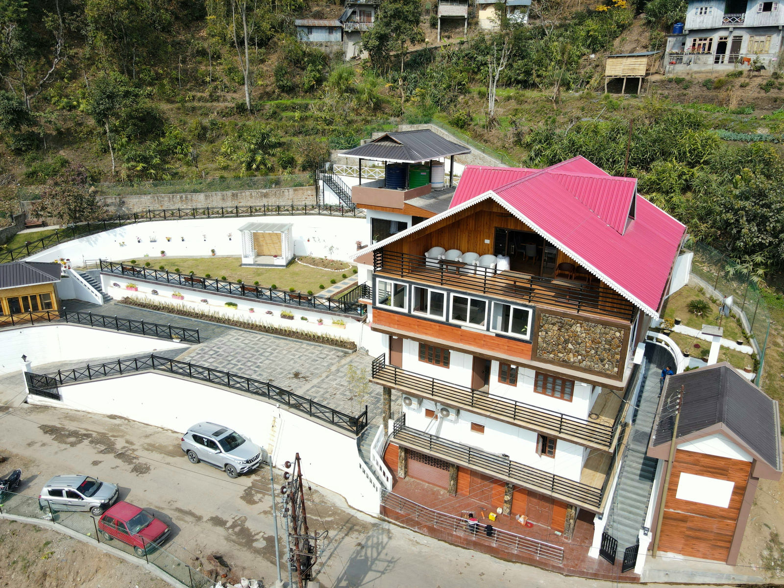 drone shot of the facade