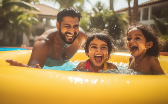 alt-text A family of three, including one adult and two children, is enjoying time in a bright yellow inflatable pool. They are smiling and splashing water, with tropical plants and a house in the background.