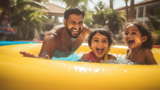 A family of three, including one adult and two children, is enjoying time in a bright yellow inflatable pool. They are smiling and splashing water, with tropical plants and a house in the background.