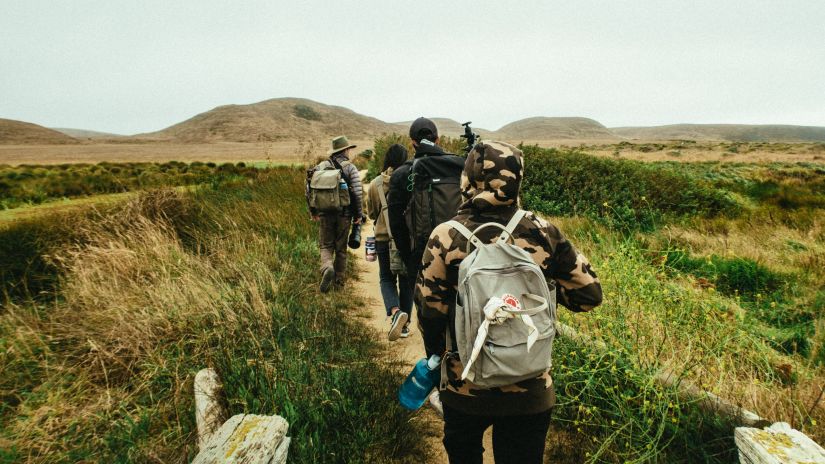 people walking on a trail with greenery around them and a small cliff in the background