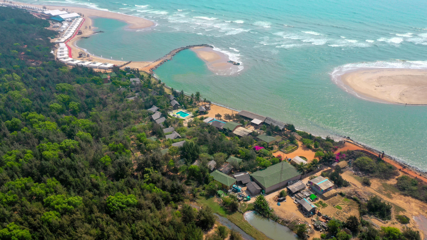 An aerial picture of beach, surrounding houses, and trees