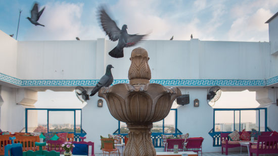 A comfortable sofa and a table at the best bar in jaipur 4